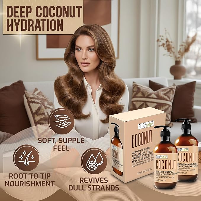 Coconut Shampoo and Conditioner Set - Sulfate Free - Deep Hydrating and Smoothing for Dry, Frizzy, Damaged Hair - Moisturizing, Shiny, Anti Frizz Salon Products for Women and Men - 16 Fl Oz (Set of 2)