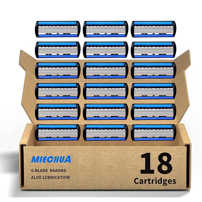 Mens Razor 6 Blade Refills，6 Blade Razor Cartridges with Lubricating Strip,Delivers a Clean, Close Shave,18 Count - blue