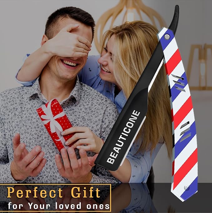 BEAUTICONE Straight Razors for Men, Straight Edge Razor, 100 Single Edge Blades, Stainless Steel, Barber Razor for Men's Shaving, Barber Shaving Knife, Slide-Out