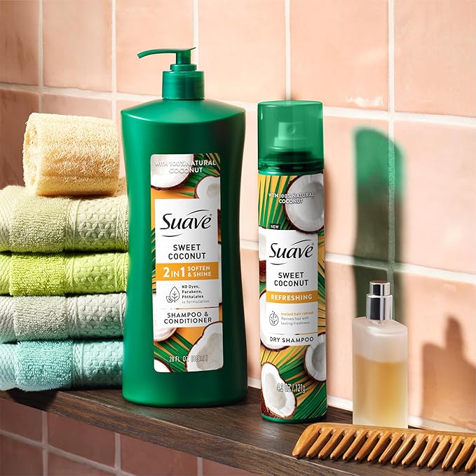 Suave Smooth & Shiny 2-in-1 Shampoo & Conditioner with Coconut Oil, Smoothness & Shine in One Step, No Parabens, Phthalates, or Dyes, 4 Pack, 28 FL OZ Each