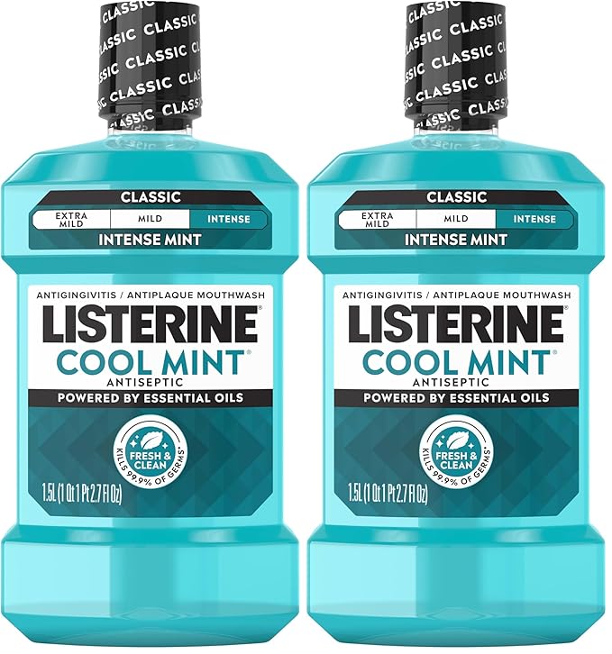 Listerine Cool Mint Antiseptic Mouthwash, Daily Oral Rinse Kills 99% of Germs that Cause Bad Breath, Plaque and Gingivitis for a Fresher, Cleaner Mouth, Cool Mint Flavor, 1.5 L (Pack of 2)