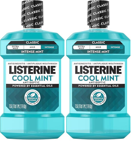 Listerine Cool Mint Antiseptic Mouthwash, Daily Oral Rinse Kills 99% of Germs that Cause Bad Breath, Plaque and Gingivitis for a Fresher, Cleaner Mouth, Cool Mint Flavor, 1.5 L (Pack of 2)