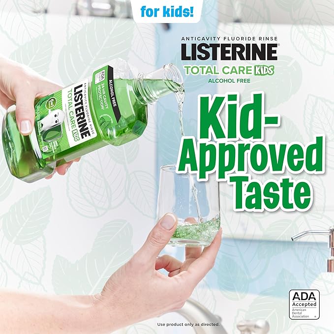 Listerine Total Care Kids Mouthwash, ADA Accepted, Alcohol-Free Anticavity Fluoride Mouthwash, Oral Rinse for Cavity Protection and Fresh Breath, Mint Shield Flavor, Twin Pack, 2 x 500 mL