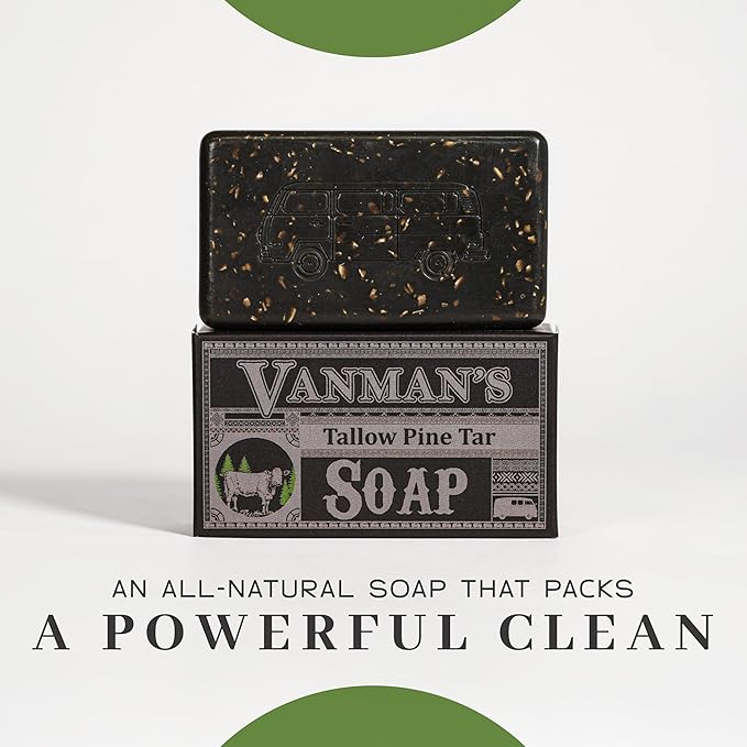 VanMan Tallow & Pine Tar Soap Bar – Grass-Fed Beef Tallow with Organic Oatmeal, Charcoal & Essential Oils – Exfoliating Face & Body Soap, 3.8oz - 3 Pack