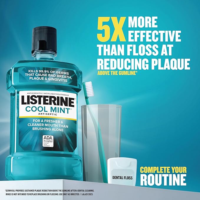 Listerine Cool Mint Antiseptic Mouthwash for Bad Breath, Plaque and Gingivitis, Travel Size, 3.2 Fl Oz, Pack of 1