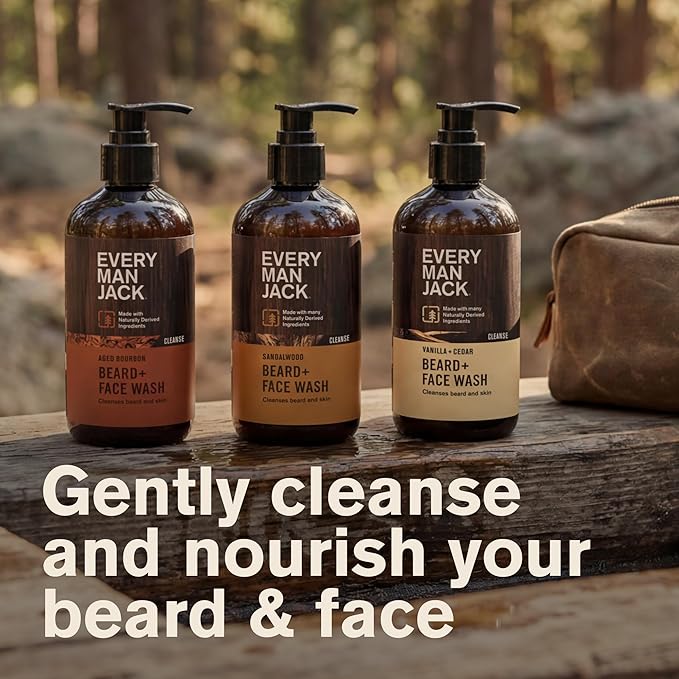 Every Man Jack Beard Wash Variety Pack for Men – Full Size 3-Pack Variety with Sandalwood, Vanilla + Cedar & Aged Bourbon Scents – Naturally Derived w/Aloe and Glycerin – 6.7 fl oz (3 Pack)
