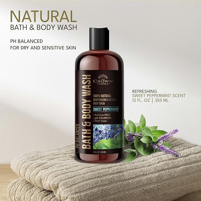 Natural Body Wash for Women, Men & Kids - Peppermint & Lavender - 12oz pH 5.5-Best pH Balance-Liquid Soap for All Skin Types-Moisturizing Sulfate & Chemical Free Shower / Bath Liquid Gel (2 Packs)