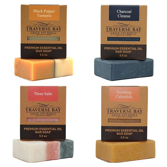 Traverse Bay Bath and Body Natural Cold Process Soap Staff Favorites 4-Bar Variety Pack, Black Pepper Turmeric, Charcoal Cleanse, Three Salts, Soothing Calendula, 5.5 oz Each, 22+ oz Total