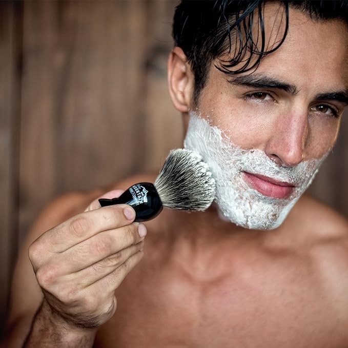 Shaving Brush with Stand - Rocky Mountain Barber Pure 100% Best Badger Hair Barber Grade with Black Heavy Duty All-Resin Handle and Oversized Bristle Head For Better Shaving Cream Lather