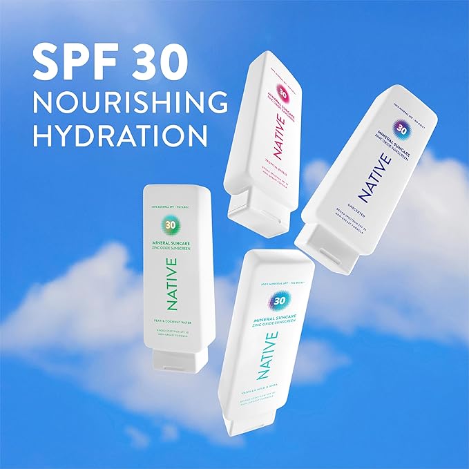 Native Sunscreen Lotion Vanilla Milk & Shea SPF 30, 100% Mineral SPF for Face & Body Broad Spectrum UVA UVB for Men & Women, Suitable for Sensitive Skin & Hawaii Compliant, Lightweight, 7oz