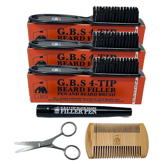 Beard Filler Pencil for Men Waterproof Beard Pen and Beard Brush Long Lasting Natural Look, Mustache Repair Shape, Define and Style Facial Hair Trimming Scissors, Wooden Beard Comb (Black Pack of 3)