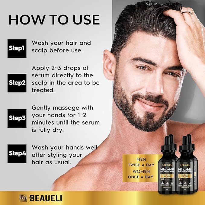 5% Minoxidil Hair Growth Serum for Men and Women: Extra Strength Minoxidil Beard Regrowth Treatment Serum with Biotin for Thinning Hair Loss to Grow Thicker Fuller 8 FL OZ (4 Bottles)