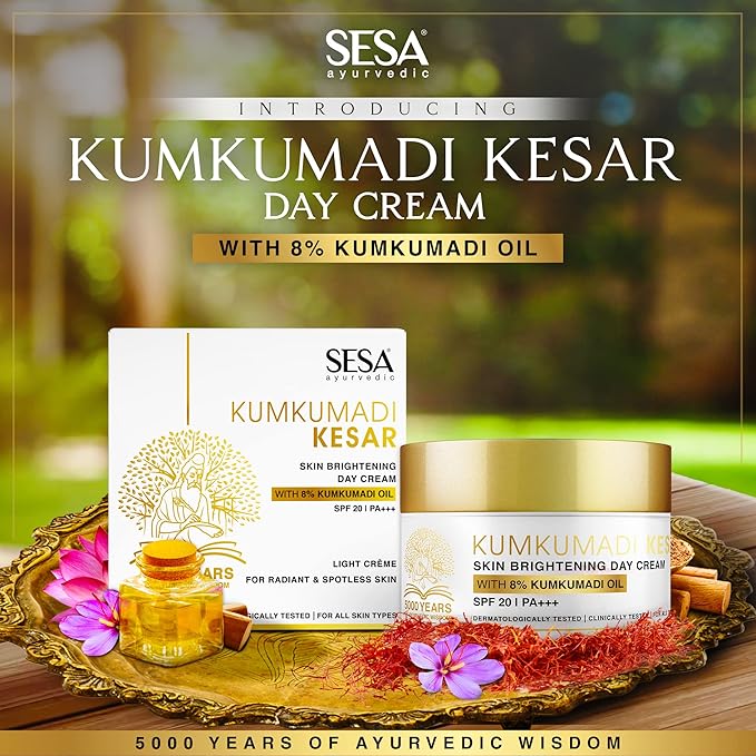 SESA 8% Kumkumadi Kesar Day Cream SPF 20 & PA++ Skin Brightening Ayurvedic Face Moisturizer Face Cream Sun Damage Hydrating with Saffron Lotus Sandalwood for Woman and Men, 50 gm or 1.69 oz