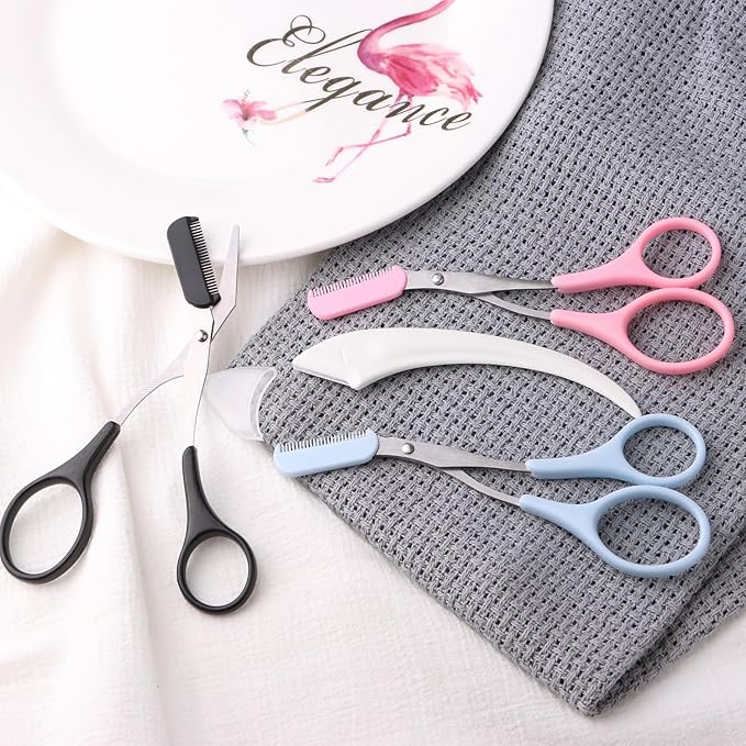3pcs-Eyebrow Scissors with Eyebrow Razor,Professional Eyebrow Trimmer Scissors with Comb,Non Slip Finger Grips Eyebrow Trimmer, Hair Removal Beauty Accessories for Men Women (Black, Pink, Blue)