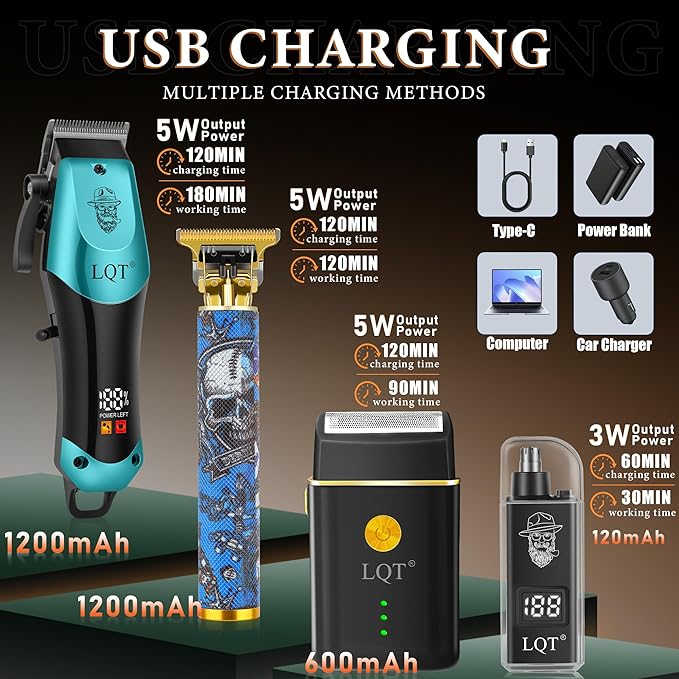 Hair Clippers for Men with LED Power Display, 4-Piece Professional Grooming Kit with Hair Clipper, Detail Trimmer, Foil Shaver & Nose Trimmer, Complete Cordless Set for Home Use and Gifts