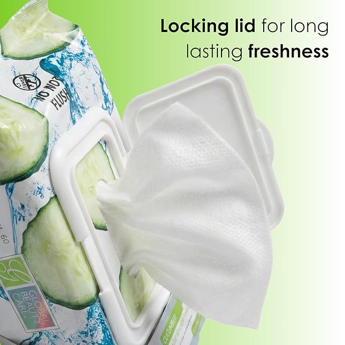 Global Beauty Care Refreshing Makeup Remover Towelettes - Gentle Daily Facial Cleansing Wipes for Sensitive Skin, Cucumber Infused With Nourishing Vitamin A, C & E, Travel-Friendly, 60 Count (1-Pack)