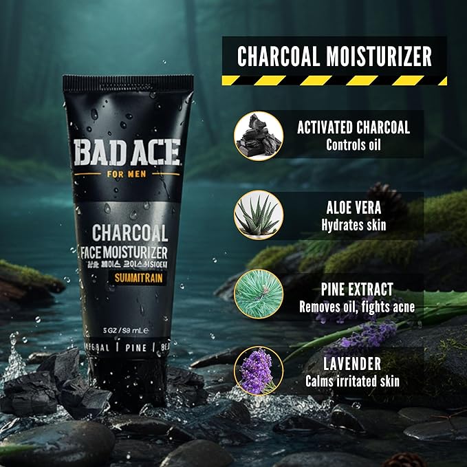 BAD ACE Daily Men's Face Moisturizer for Oily Skin, Premium Korean Skin Care Hydrating Facial Cream, Charcoal Face Lotion with Natural Extracts, Men’s Skin Care, Summit Rain, 3 oz