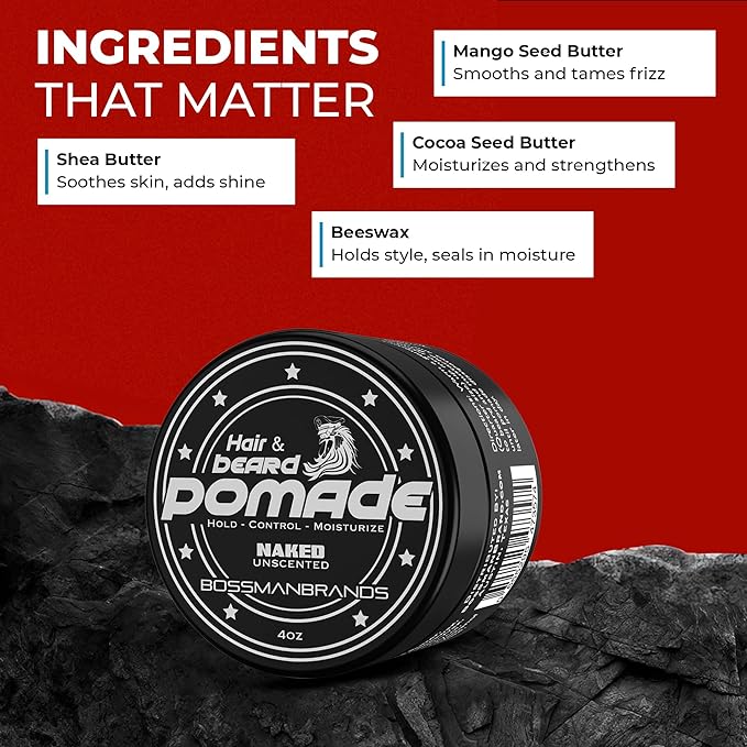 Bossman Hair & Beard Pomade for Men (Naked - Unscented) – Medium Hold & Moisturizing for Hair, Beard & Mustache Styling – Made in USA