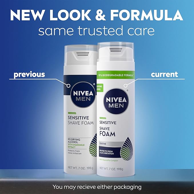 NIVEA MEN Sensitive Shave Foam with Vitamin E, Soothing Chamomile and Witch Hazel Extracts, 6 Pack of 7 Oz Cans