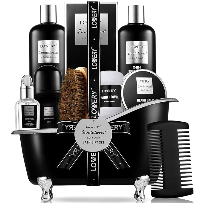 Gifts for Men, Mens Body And Wash Gift Set Beard Kit and Body Care, Unique for Dad Sandalwood Spa Baskets, Bath and Beard Grooming Kit, Gifts for Husband Him Beard Balm Growth Oil