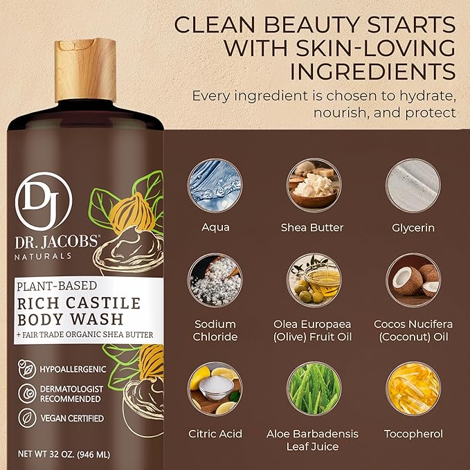 Dr. Jacobs Naturals Pure Castile Soap Liquid Body Wash, Shea Butter - Plant Based Soap Infused with Vitamin E and Aloe Vera to Moisturize Dry and Sensitive Skin - Made in The USA - 32 oz, Pack of 1
