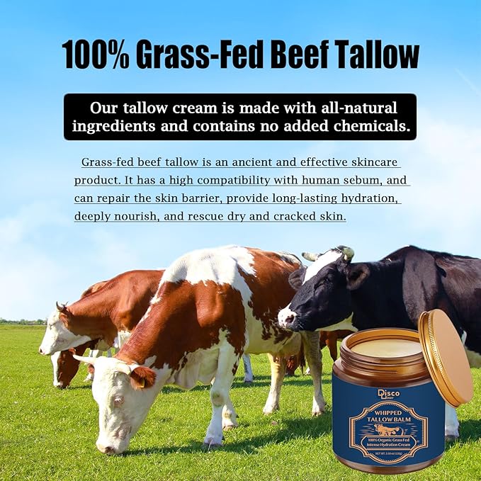 100% Grass Fed Whipped Beef Tallow Balm, Ultra Moisturizing Skin Cream for Face, Body Hands, Natural Skincare with Honey Coconut Oil Olive Oil and Avocado Oil for All Skin (1)