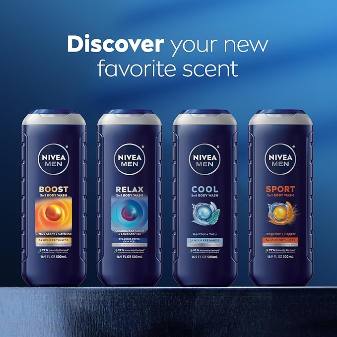 NIVEA MEN Boost Body Wash, Citrus Scent and Caffeine Enriched, 3-in-1 Men's Body Wash, Face and Hair, Paraben Free, Vegan Formula, 16.9 Fl Oz Bottle, Pack of 3