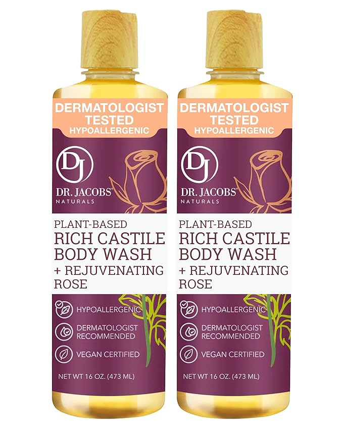 Dr. Jacobs Naturals Pure Castile Soap Liquid Body Wash, Rose - Plant Based Body Soap Infused with Vitamin E and Aloe Vera to Moisturize Dry and Sensitive Skin - Made in The USA - 16 oz, Pack of 2