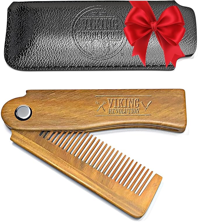 Folding Beard Comb w/Carrying Pouch for Men - All Natural Wooden Beard Comb w/Gift Box - Green Sandalwood Comb for Grooming & Combing Hair, Beards and Mustaches by Viking Revolution