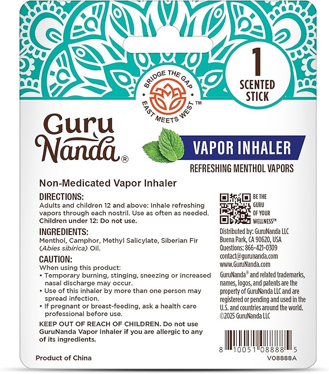 GuruNanda Vapor Inhaler Nasal Stick, with Essential Oils for Soothing Relief, Helps Clear Nasal Passages & Ease Stuffiness, Non-Medicated, 1 Count