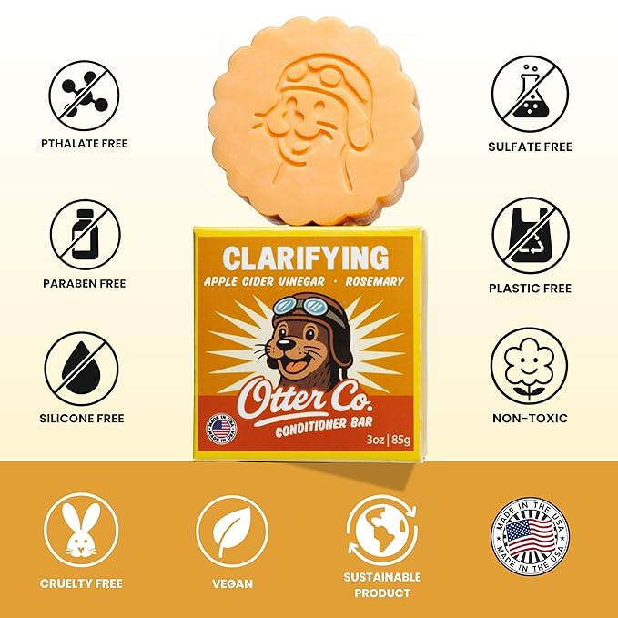Otter co. Clarifying Apple Cider Vinegar Conditioner Bar – Argan oil, Rosemary, Jojoba & Castor – Hydrating, Vegan, Sulfate Free & Non Toxic – For Women Bar Conditioner, All Hair Types, Made in USA