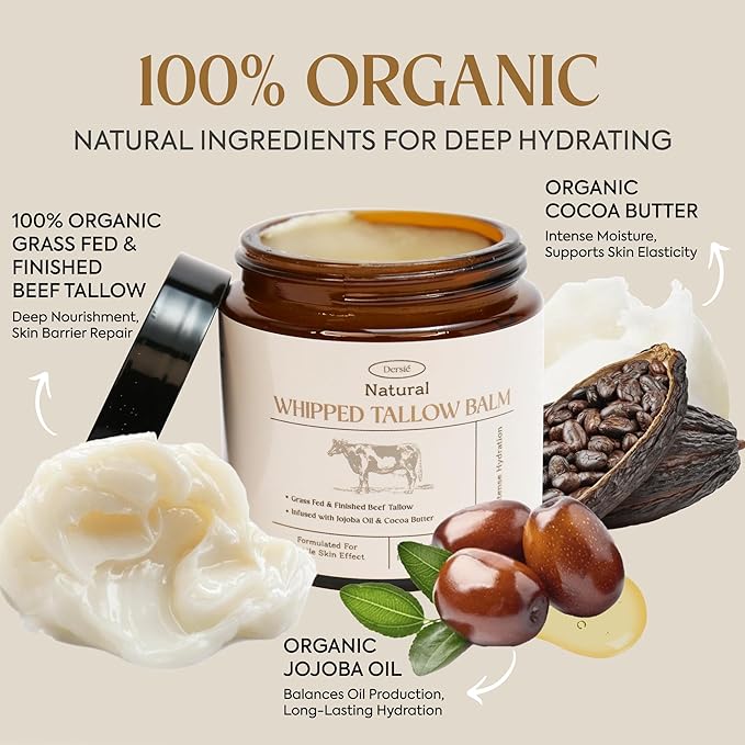 Dersie Beef Tallow for Skin: 100% Grass-Fed Whipped Tallow Balm for Deep Hydration & Soothing – Suitable for Dry, Sensitive & Mature Skin, Safe for Kids & Babies (Made in USA)