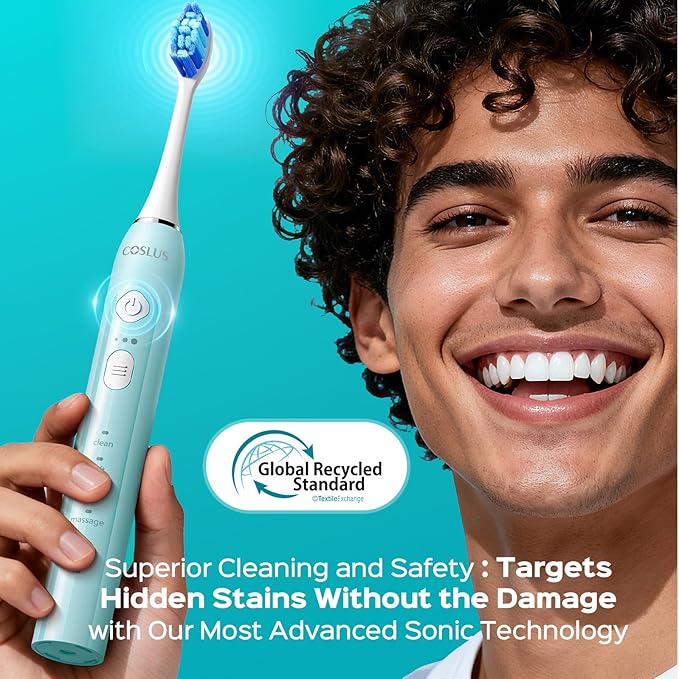 COSLUS C30 Electric Toothbrush for Adults & Kids: 3 Intensities & 5 Modes for Effective Yet Gentle Ultra-Clean Feel, 2 Types of Heads for Gentle & Daily Care, Travel & Home Use, Green, 1PC