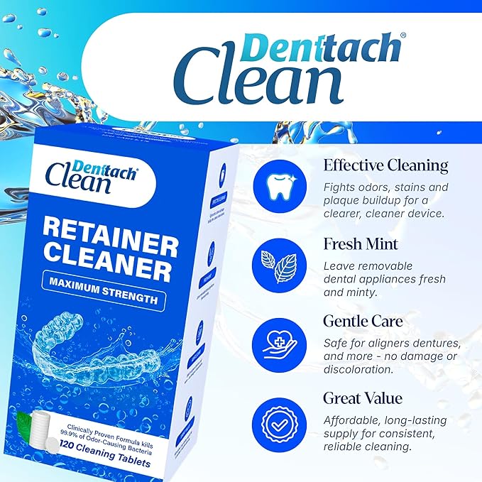 Denttach Clean Retainer Cleaner Tablets, Proprietary DEEP CLEANSER Formula Cleans Beneath the Surface, Removes Fog and Stains, Compatible with Invisalign, Retainers, Dentures, Aligners, Mouth Guard