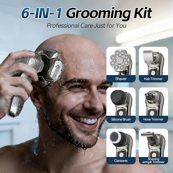 9D Head Shaver for Bald Men, 6-in-1 Electric Razor with LED Display, Waterproof Wet & Dry, Type-C Fast Charging Cordless Bald Head Shaver (Gunmetal, 9D)