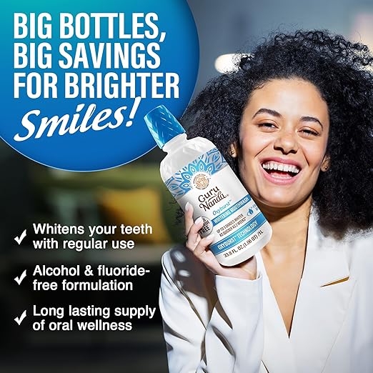 GuruNanda Oxyburst Teeth Whitening Mouthwash – Alcohol & Fluoride Free, with Hydrogen Peroxide & 7 Essential Oils, Value Size for Regular Use, Wild Mint, 1 Liter/33.8 fl oz