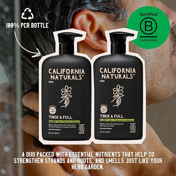 California Naturals Mens Re:Gro Shampoo and Conditioner Set, Anti-Thinning & Hair Growth Support, All Hair Types, Vegan, Natural, Cruelty, Silicone, Paraben & Sulfate Free for Men, 20 fl oz