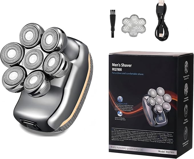 Upgraded 7D Electric Head Shaver for Men: Waterproof Wet & Dry Razor with Detachable Heads, LED Display, Rechargeable Grooming Kit with Type-C Fast Charging