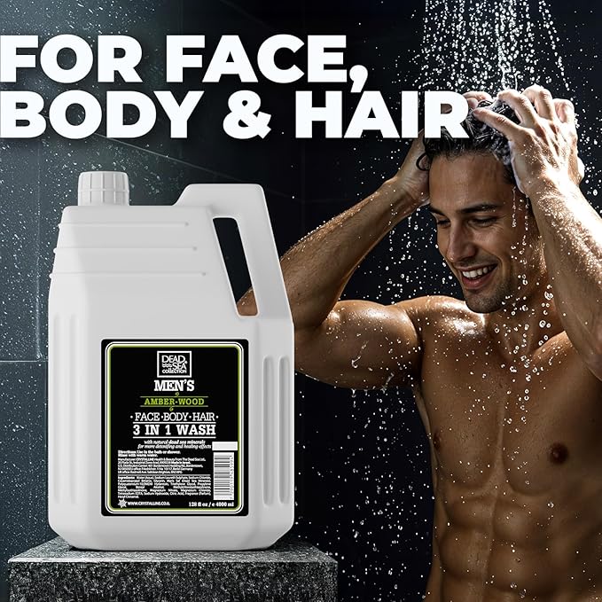 Dead Sea Collection Mens Body Wash 3 in 1 – Amberwood Oil Body Wash with Dead Sea Minerals for Men – Bulk Shower Gel – Shampoo – Refill Shower Soap for Face and Hair (128 fl. oz)