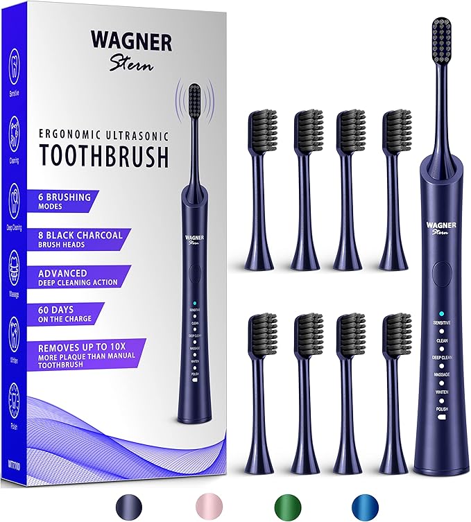 Wagner Stern ultrasonic whitening Electric Toothbrush with 8 Charcoal Black Brush Heads. for Fresh Breath & Healthy Smile. (Blue)