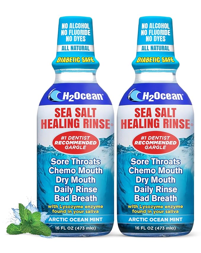 H2Ocean Healing Rinse Natural Sea Salt Whitening Mouthwash - Alcohol & Fluoride-Free Oral Care for Tonsil Stones, Sore Throats, Wisdom Teeth Recovery & Gum Health - Arctic Ocean Mint, 16oz (Pack of 2)