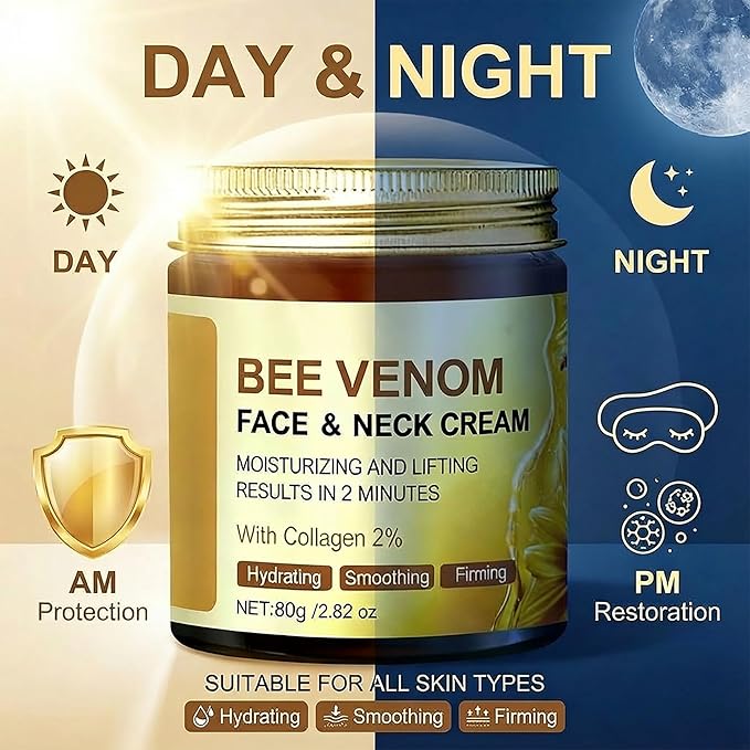 Bee Venom Cream for Face & Neck - Anti Aging Moisturizer with 2% Collagen - Hydrating Skin Firming & Lifting Formula - Natural Wrinkle Smoothing Daily Care for Women & Men, 2.82 oz
