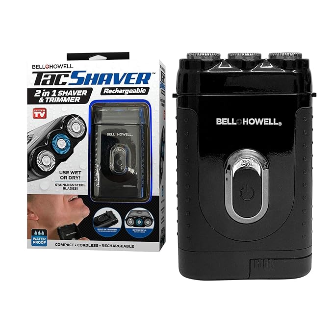 Bell+Howell Tacshaver 3D Rechargeable Rotary Shaver for Men with Pop-up Trimmer for Sideburns, Moustache and Beard, Waterproof, Portable, and Cordless Electric Razor As Seen On TV (Deluxe)