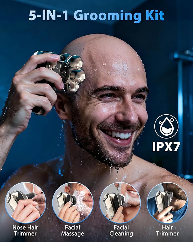 Head Shaver for Bald Men, 5-in-1 Electric Razor with 7D Floating & 2-Speed Modes, IPX7 Waterproof, LED Smart Display and & Type-C Fast Charging, Professional Grooming Kit for Men Head, Face Beard