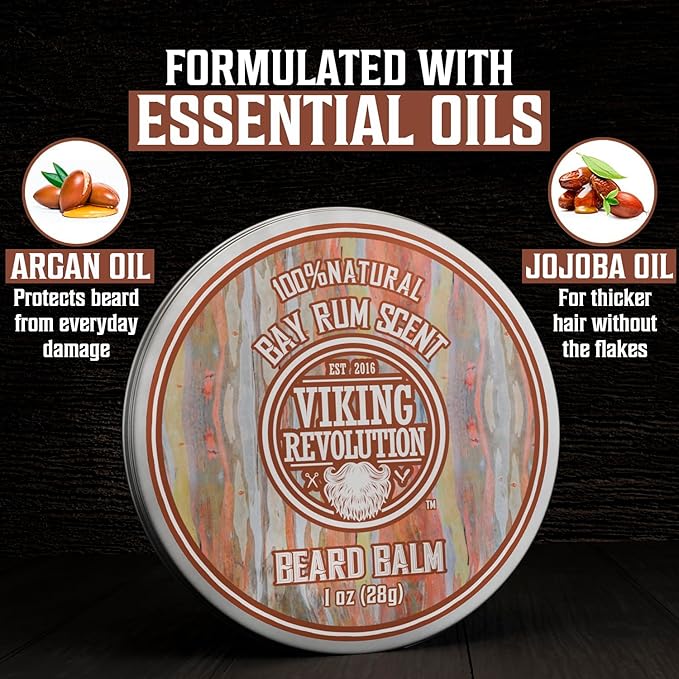 Viking Revolution 4 Beard Balm Variety Pack (1oz Each) - Sandalwood, Pine & Cedar, Bay Rum, Clary Sage - Styles, Strengthens and Softens Beards and Mustaches - Wax for Men