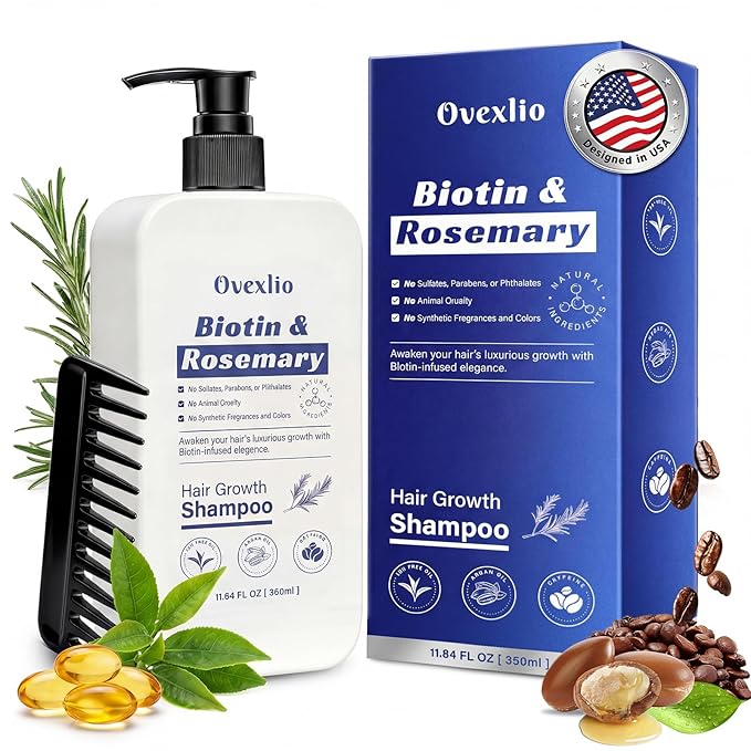 Hair Growth Shampoo with Biotin and Rosemary, Routine Shampoo for Hair Loss and Thinning, Natural Thickening Formula with Argan Oil, Tea Tree Oil and Caffeine, Sulfate Free with Comb, 11.84 FL