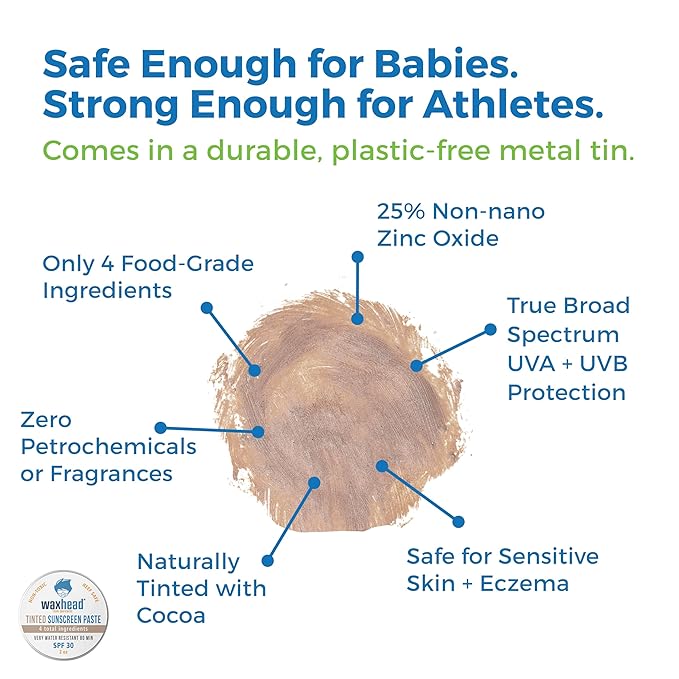 Waxhead Tinted Zinc Oxide Surf Sunscreen SPF 30 for Face, 4 Ingredient Reef Safe Zinc Paste, Waterproof Sunblock for Swimming, Sensitive Skin and Eczema, Tinted Scar and Tattoo Protection, 2oz Tin