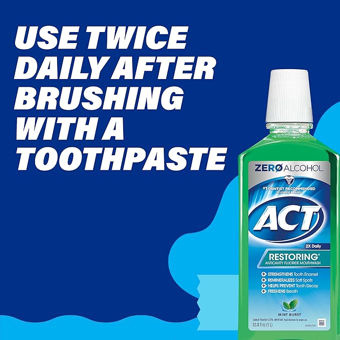 ACT Restoring Zero Alcohol Fluoride Mouthwash 33.8 fl. oz. Strengthens Tooth Enamel, Mint Burst (Pack of 2)