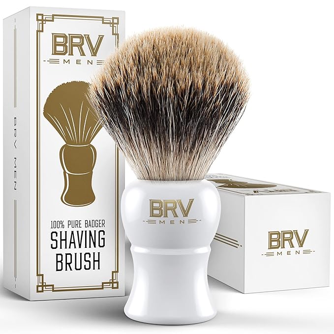 BRV MEN Pure Badger Shaving Brush LARGE (24mm knots) - Heavy Resin Handle - Use with Double-Edge Safety Razor, Straight Razor and Shaving Bowl - White