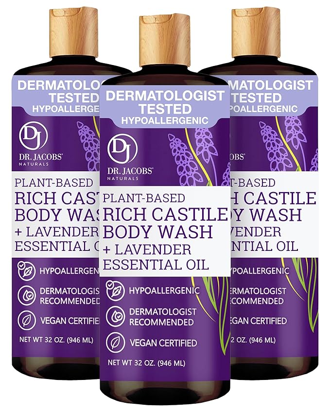 Dr. Jacobs Naturals Pure Castile Soap Liquid Body Wash, Lavender - Plant Based Soap Infused with Vitamin E and Aloe Vera to Moisturize Dry and Sensitive Skin - Made in the USA - 32 oz, Pack of 3